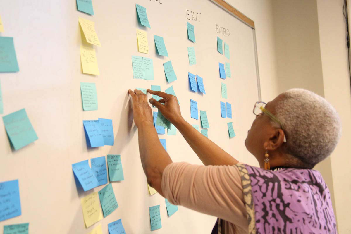 a woman working on a project with a wall of post-its